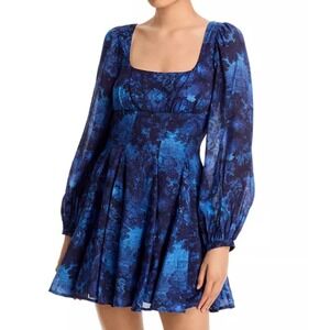 Aqua Floral Print‎ Mini Dress Long Sleeve Square Neck XS Extra Small